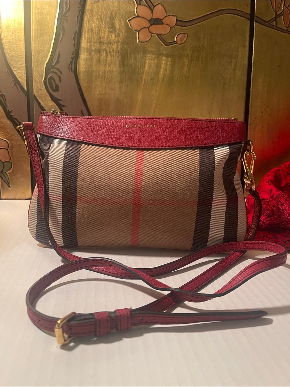 Burberry Beige Check Crossbody with Red Trim Good condition